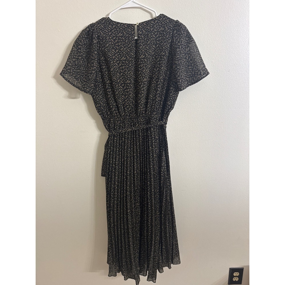 Baltic Born Prim Pleated Dress Black Tan Leaf Print  Short Flutter Sleeve Small - Picture 4 of 9